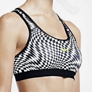 Nike Pro Black & White Warped Checked Sports Bra with Neon Yellow Swoosh S